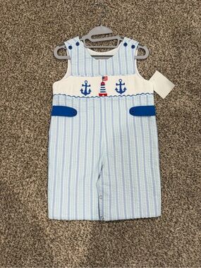 Striped Blue Nautical Embroidered Baby One-Piece